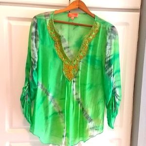 Sheer 3/4 sleeve blouse with beading